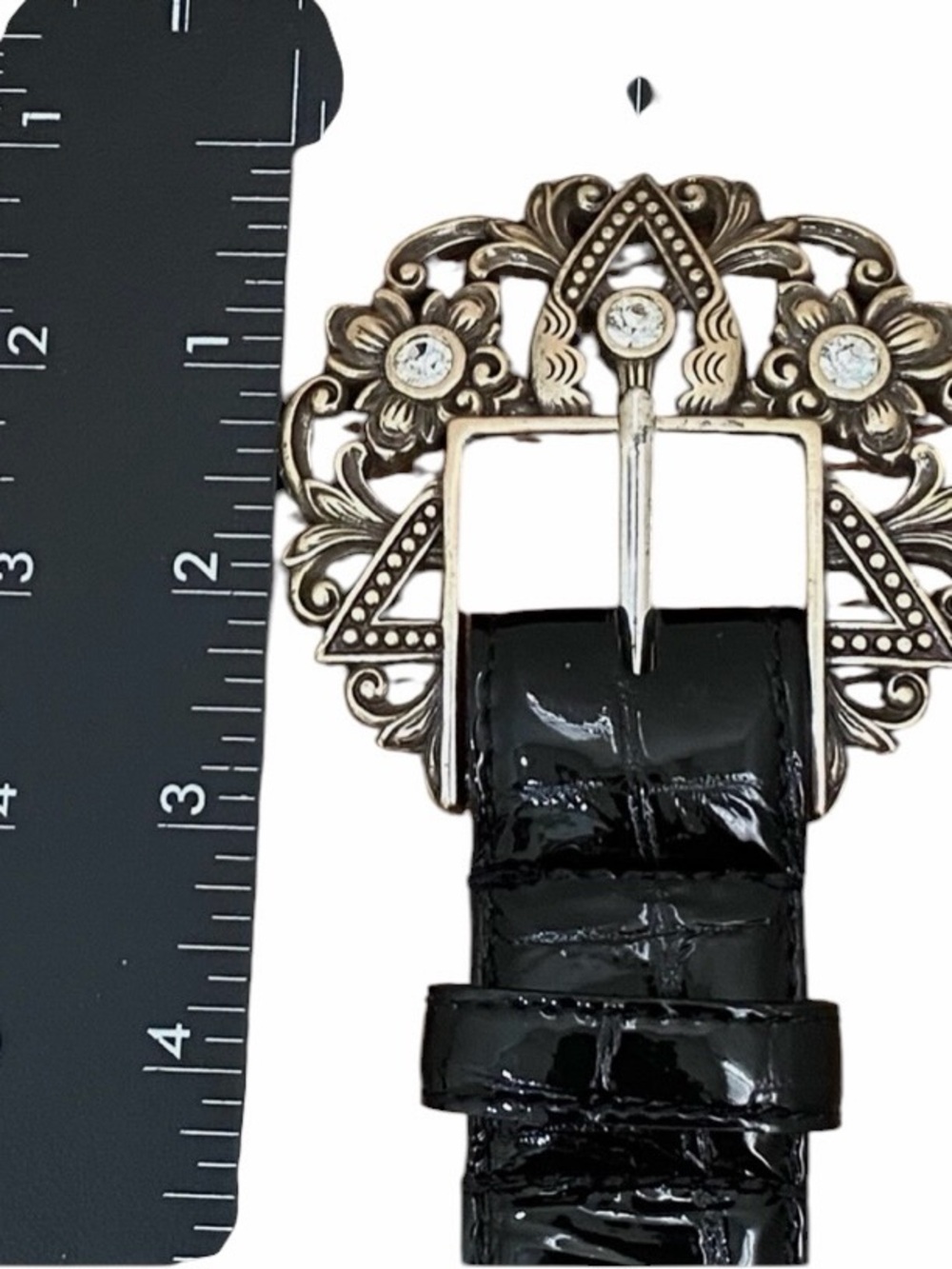 Vintage Brighton Black Croc Embossed Leather Belt Silver Crystal Buckle Size 32 - Picture 10 of 13